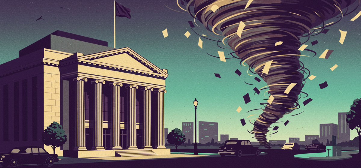 a hurricane threatening a bank