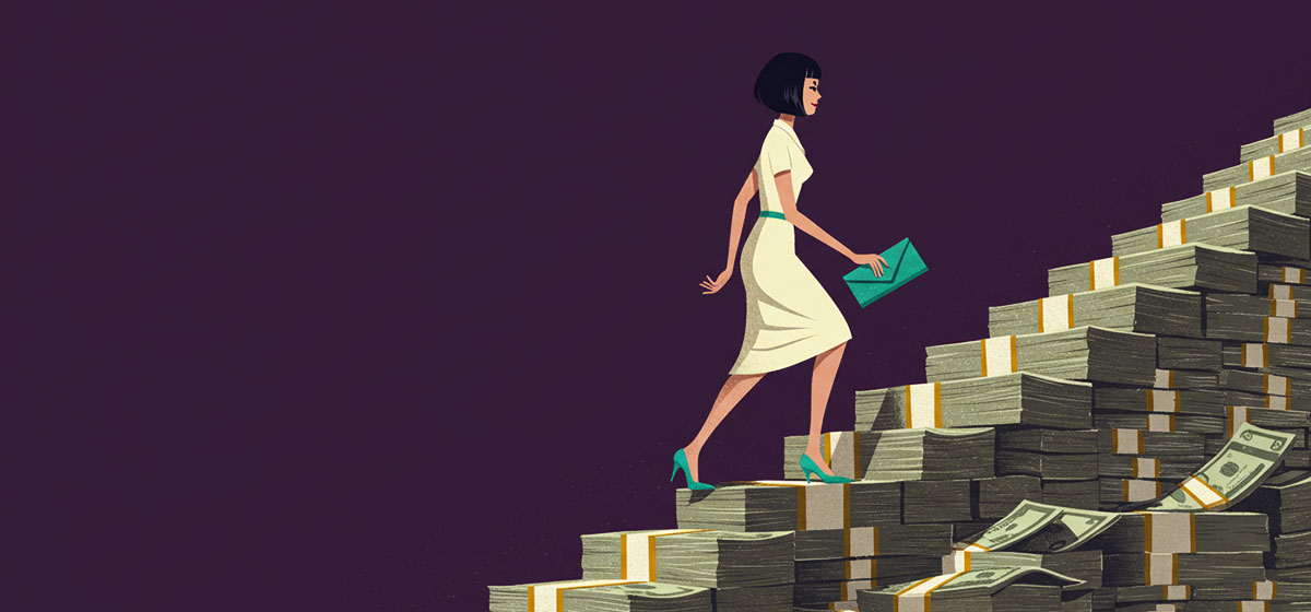 a woman climbing a stairway of cash