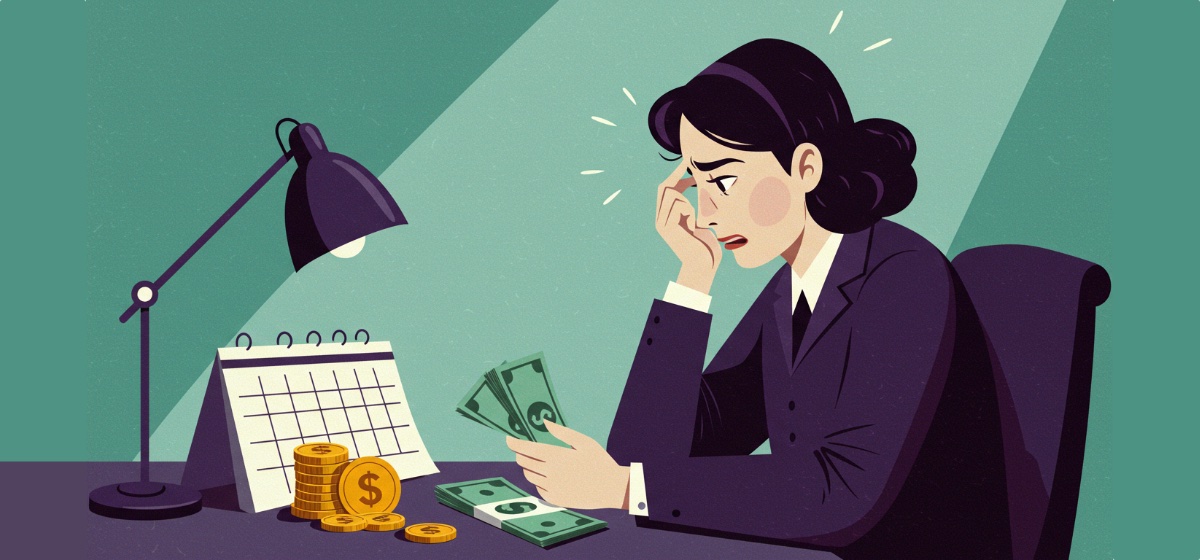 a woman stressed out, counting cash and checking the calendar