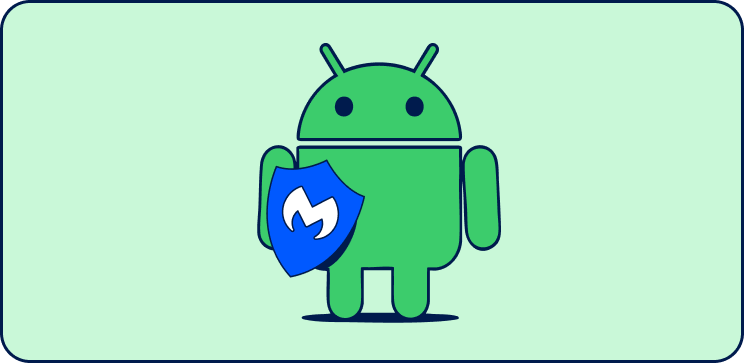 Android robo holding malwarebytes shield