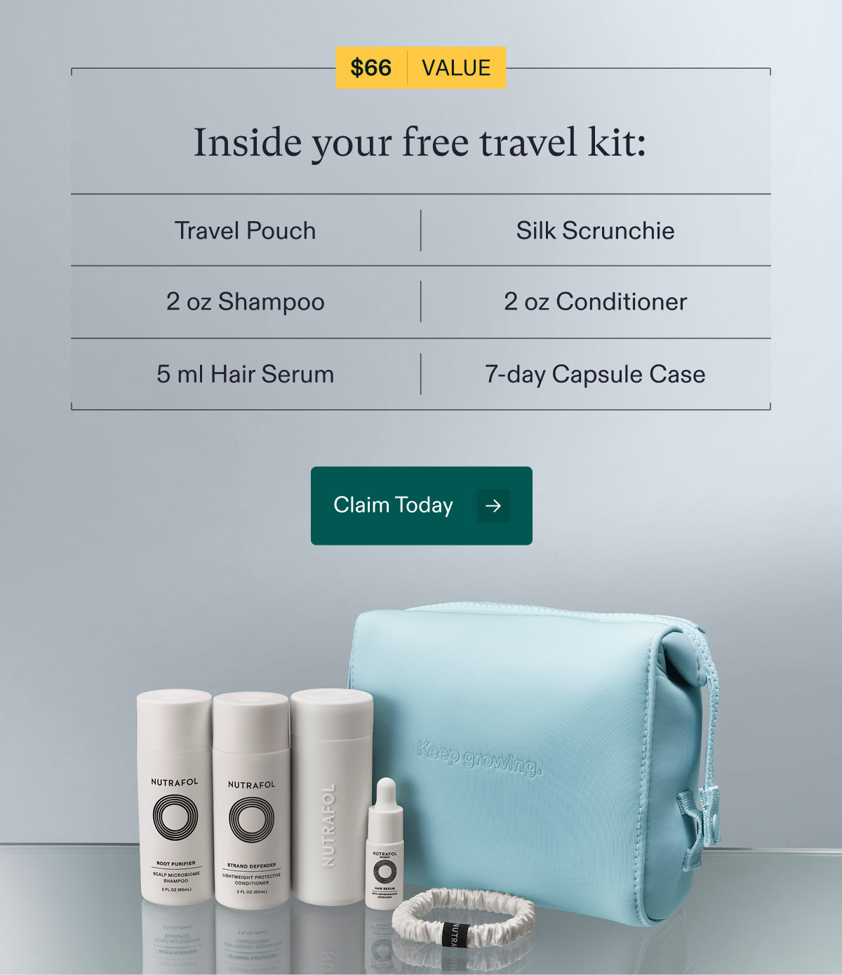 $66 Value - Inside your free travel kit: Travel Pouch | Silk Scrunchie | 2 oz Shampoo | 2 oz Conditioner | 5 ml Hair Serum | 7-day Capsule Case. Claim Today.