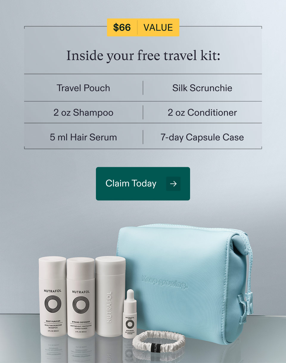 $66 Value - Inside your free travel kit: Travel Pouch | Silk Scrunchie | 2 oz Shampoo | 2 oz Conditioner | 5 ml Hair Serum | 7-day Capsule Case. Claim Today.