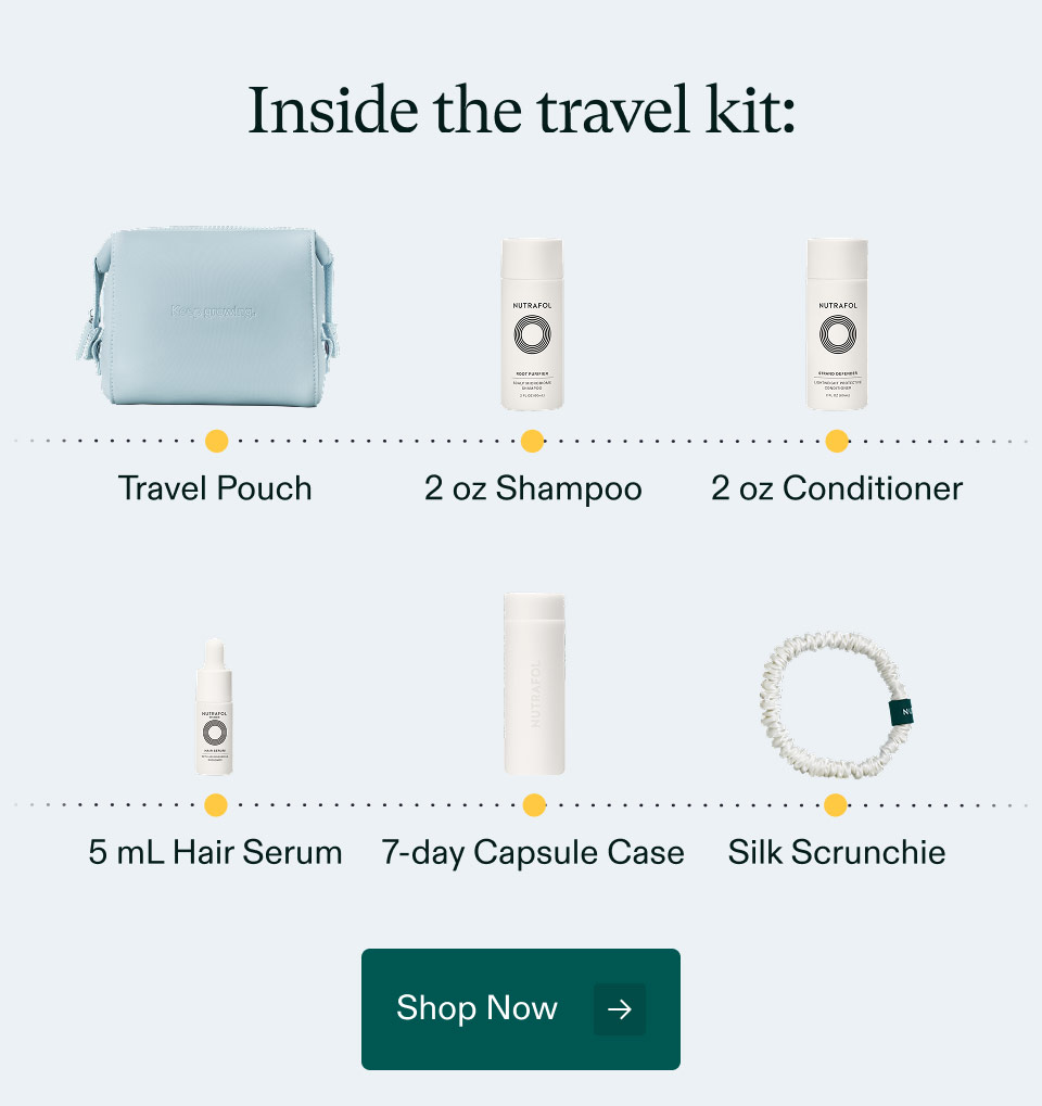 Inside the travel kit: Travel Pouch | 2 oz Shampoo | 2 oz Conditioner | 5 mL Hair Serum | 7-day Capsule Case | Silk Scrunchie. Shop Now.