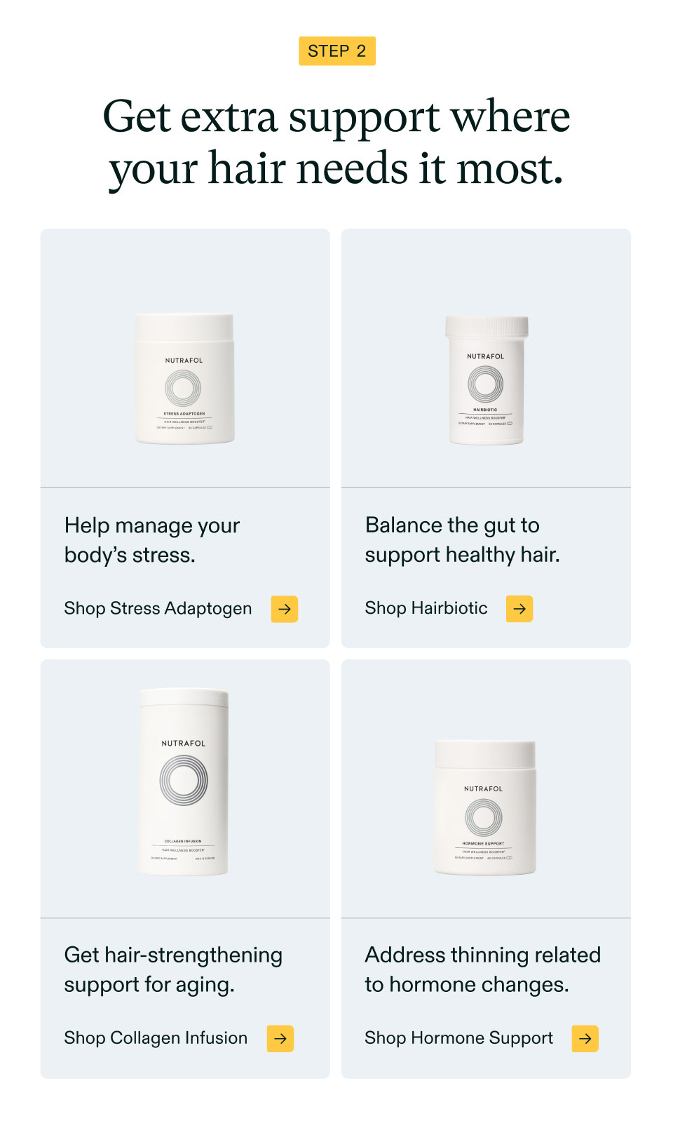 Step 2 - Get extra support whereyour hair needs it most. Help manage your body’s stress. Shop Stress Adaptogen | Balance the gut to support healthy hair. Shop Hairbiotic | Get hair-strengthening support for aging. Shop Collagen Infusion. Address thinning relatedto hormone changes. Shop Hormone Support.
