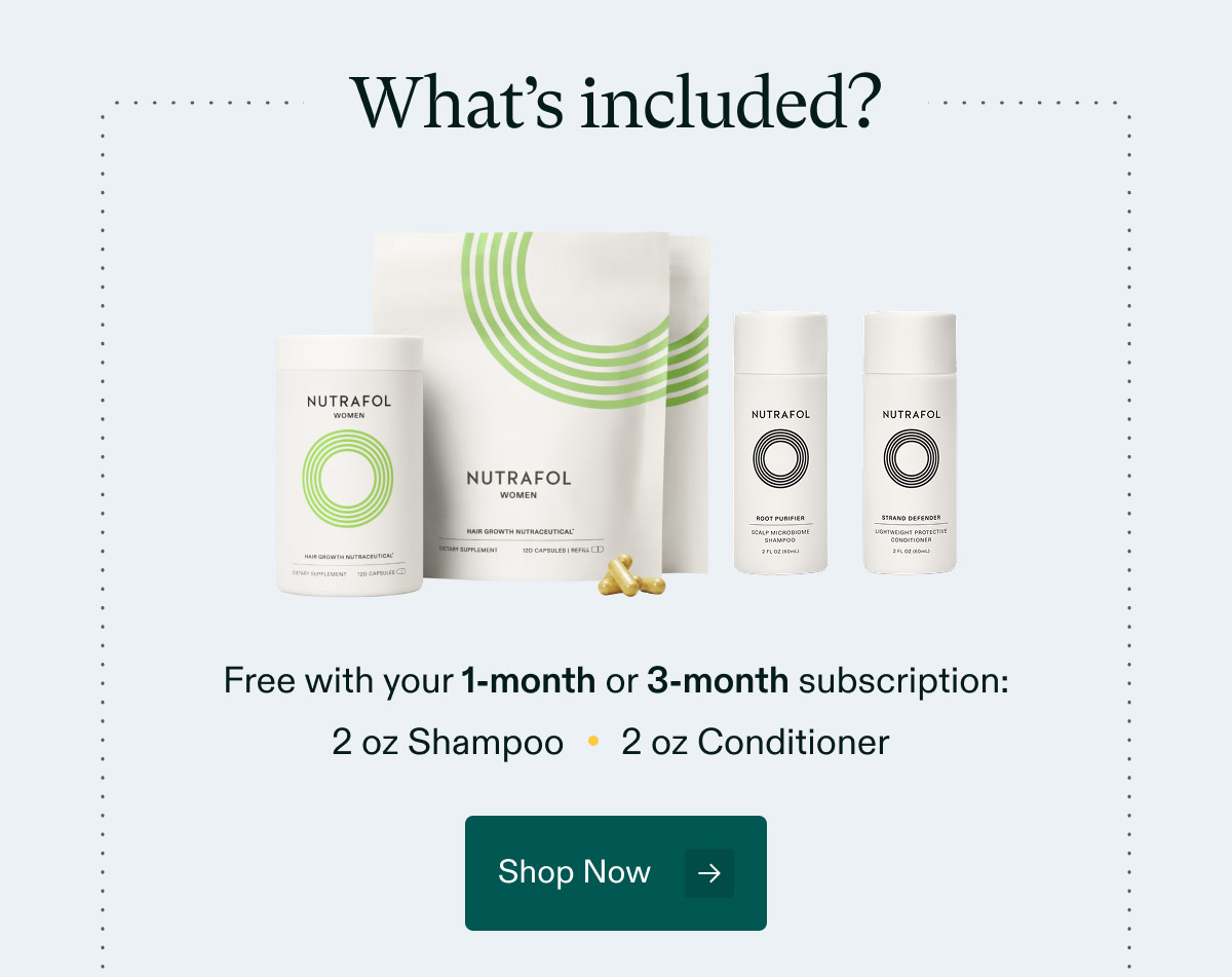 What’s included? Free with your 1-month or 3-month subscription: 2 oz Shampoo | 2 oz Conditioner. Shop Now.