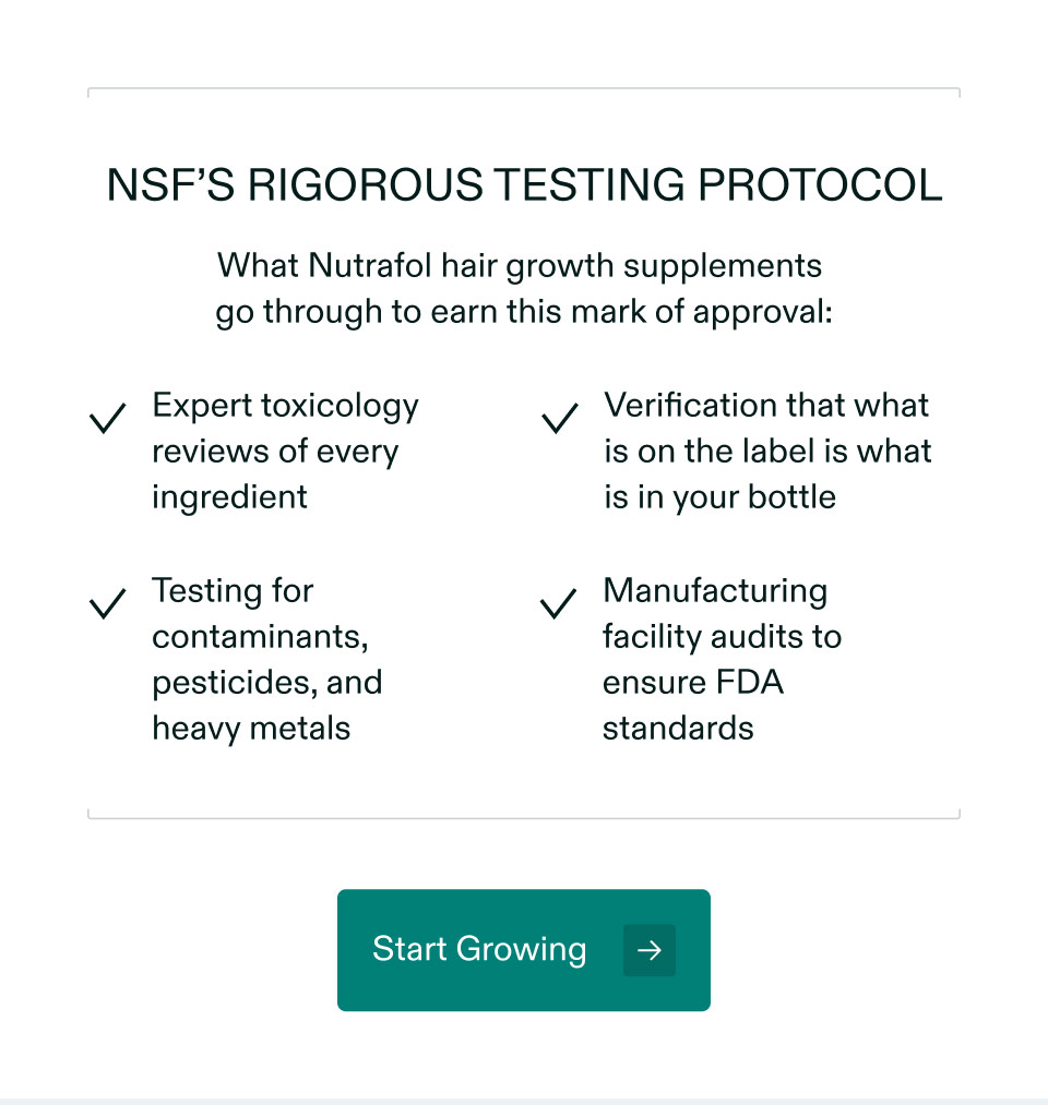 NSF’s rigorous testing protocol - What Nutrafol hair growth supplements go through to earn this mark of approval: Expert toxicology reviews of every ingredient | Verification that what is on the label is what is in your bottle | Testing for contaminants, pesticides, and heavy metals | Manufacturing facility audits to ensure FDA standards. Start Growing.