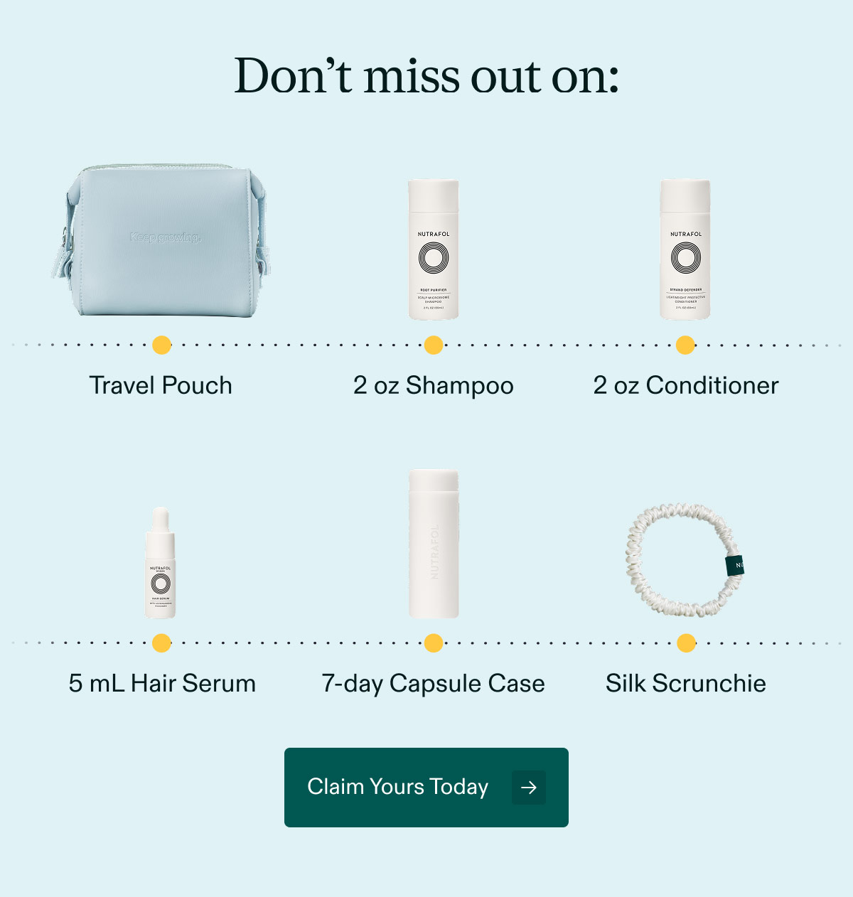 Don’t miss out on: Travel Pouch | 2 oz Shampoo | 2 oz Conditioner | 5 mL Hair Serum | 7-day Capsule Case | Silk Scrunchie. Claim Now.