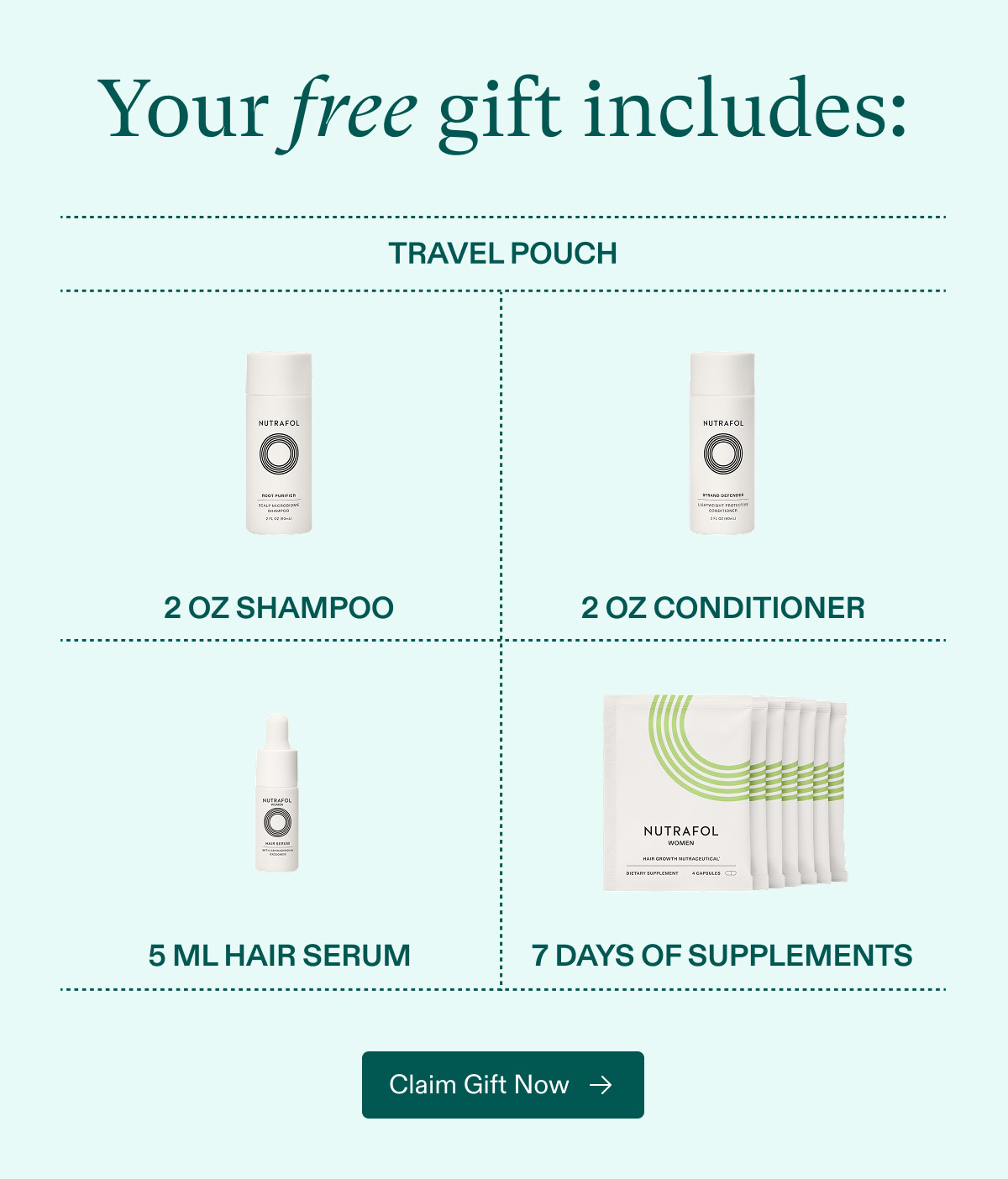 Your free gift includes: Travel pouch | 2 oz Shampoo | 2 oz Conditioner | 5 ml Hair Serum | 7 Days of Supplements. Claim Gift Now.