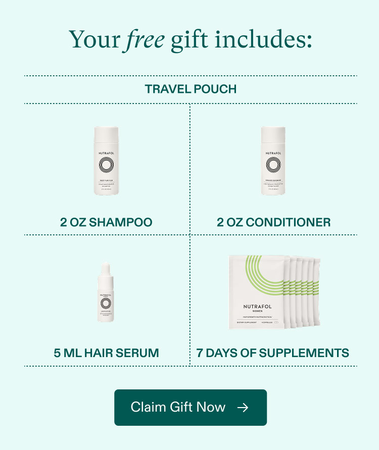 Your free gift includes: Travel pouch | 2 oz Shampoo | 2 oz Conditioner | 5 ml Hair Serum | 7 Days of Supplements. Claim Gift Now.