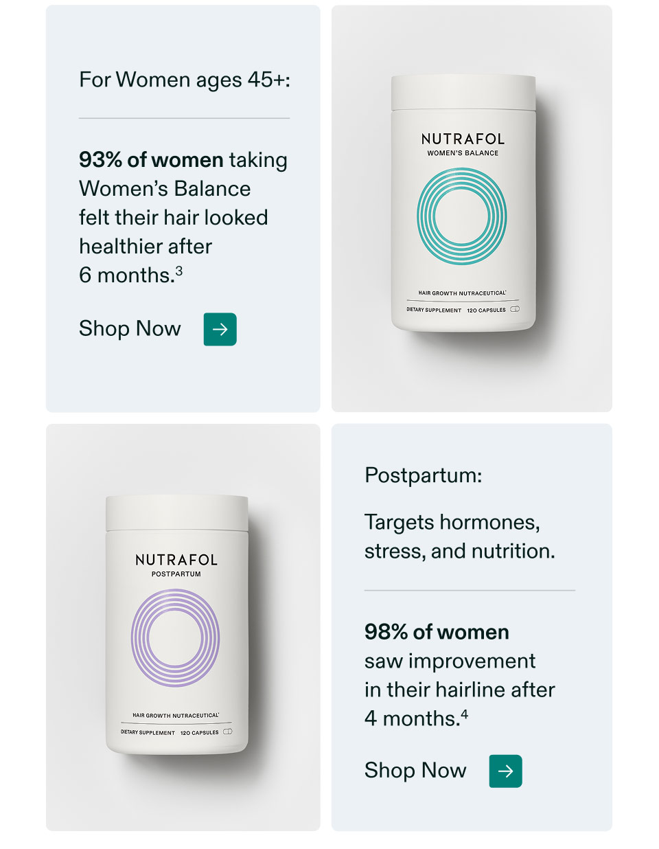 For Women ages 45+: 93% of women taking Women’s Balance felt their hair looked healthier after 6 months. Shop Now | Postpartum: Targets hormones, stress, and nutrition. 98% of women saw improvement in their hairline after 4 months. Shop Now.