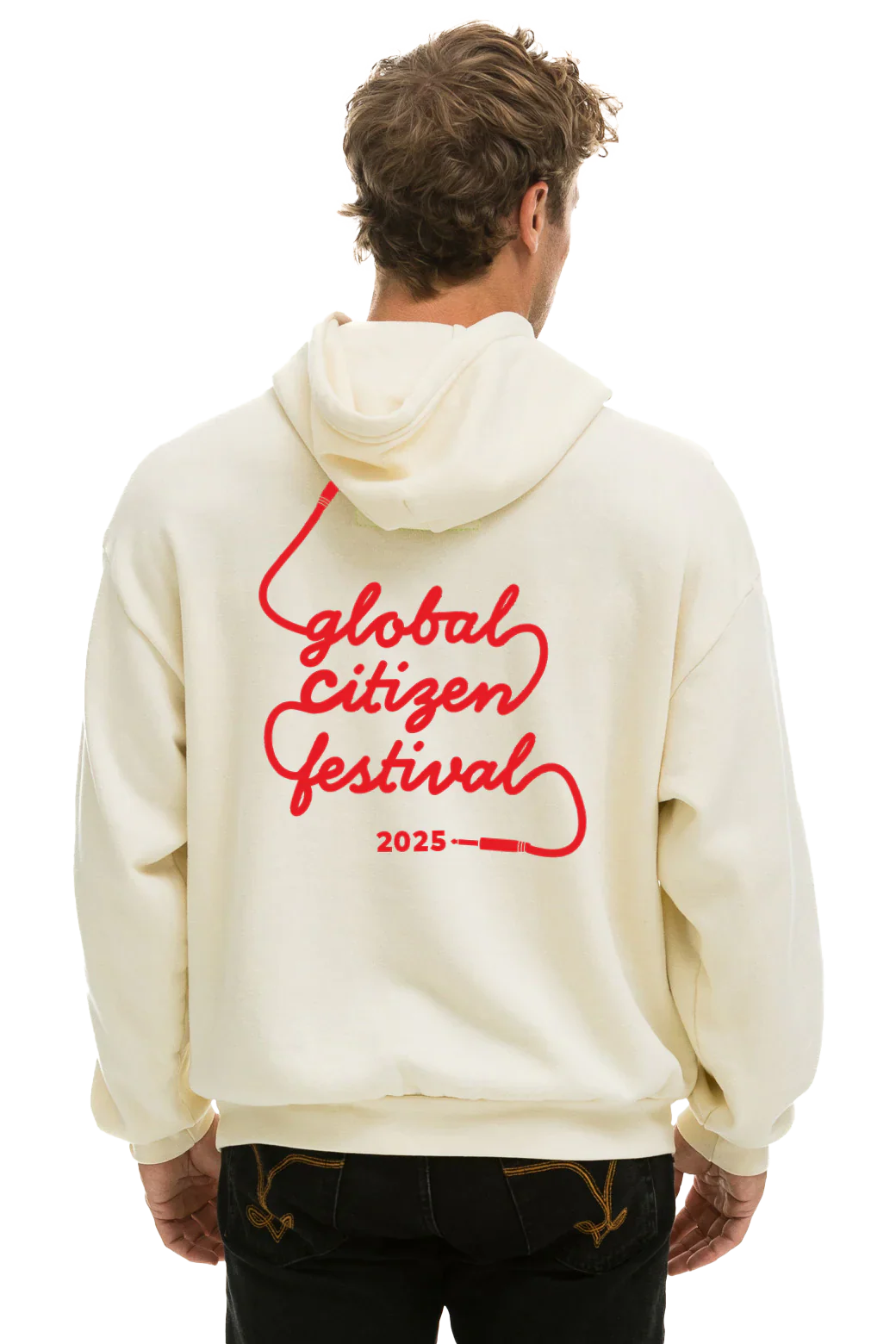 GCF 2025 Aviator Nation Hoodie: off-white sweatshirt with playful red script that reads Global Citizen Festival 2025