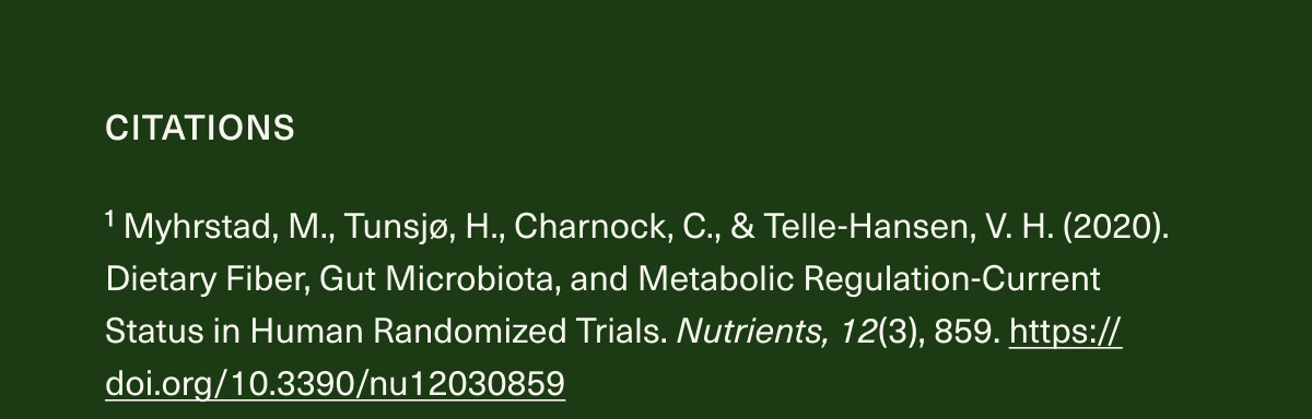 CITATIONS ¹ Myhrstad, M., Tunsjø, H., Charnock, C., & Telle-Hansen, V.H. (2020). Dietary Fiber, Gut Microbiota, and Metabolic Regulation-Current Status in Human Randomized Trials. Nutrients, 12(3), 859. https://doi.org/10.3390/nu12030859