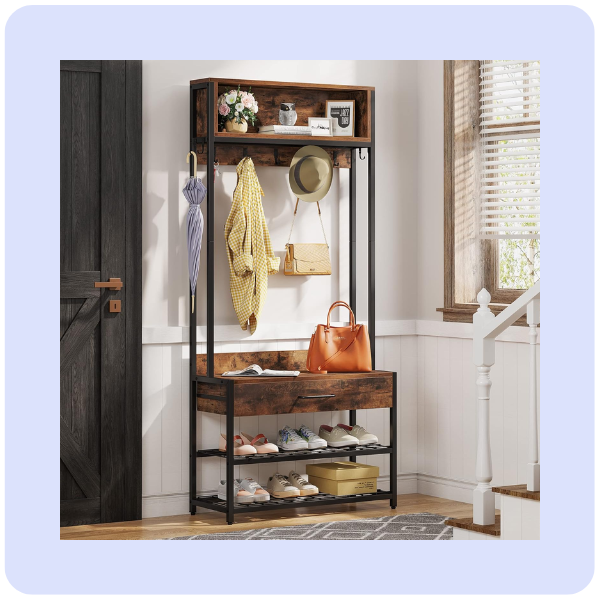 LITTLE TREE 4-in-1 Entryway Hall Tree with Drawer, Industrial Coat Rack with Shoe Bench, Shoe Storage Rack, Hutch and 9 Hooks, Rustic Brown