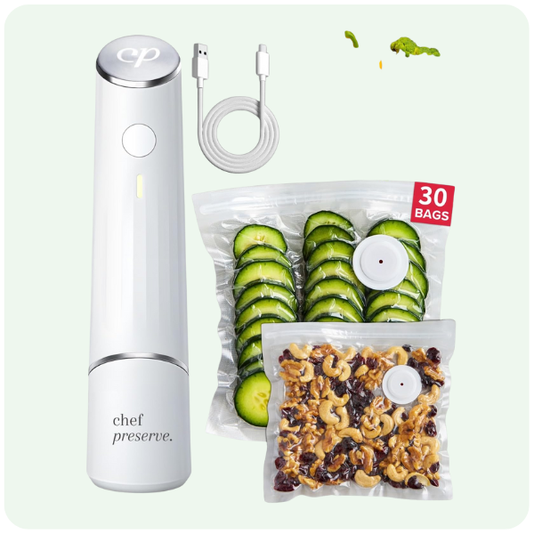 Chef Preserve Compact Vacuum Sealer for Food (Vacuum Sealer Machine + 30 Reusable Vacuum Bags) Powerful Handheld Vacuum Sealer Machine, Seal Meal Saver,...