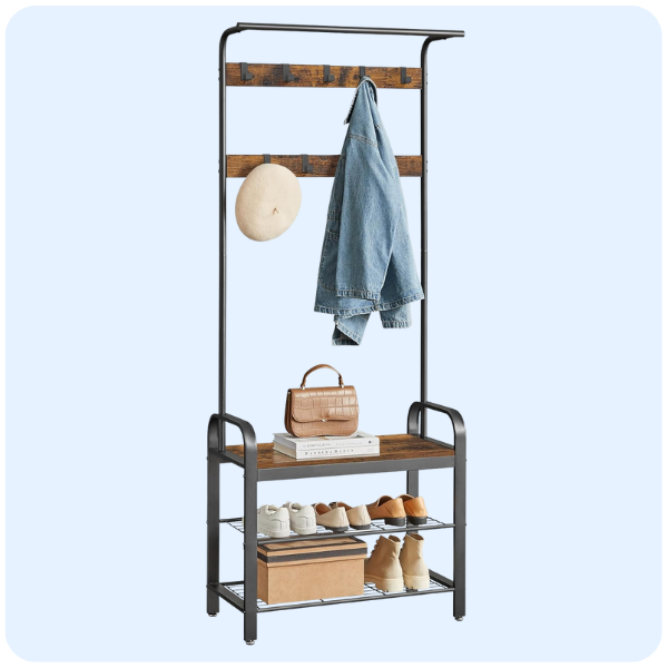 VASAGLE Coat Rack, Hall Tree with Shoe Bench for Entryway, Entryway Bench with Coat Rack, 4-in-1, with 9 Removable Hooks, a Hanging Rod, 13.3 x 28.3 x 72.1...
