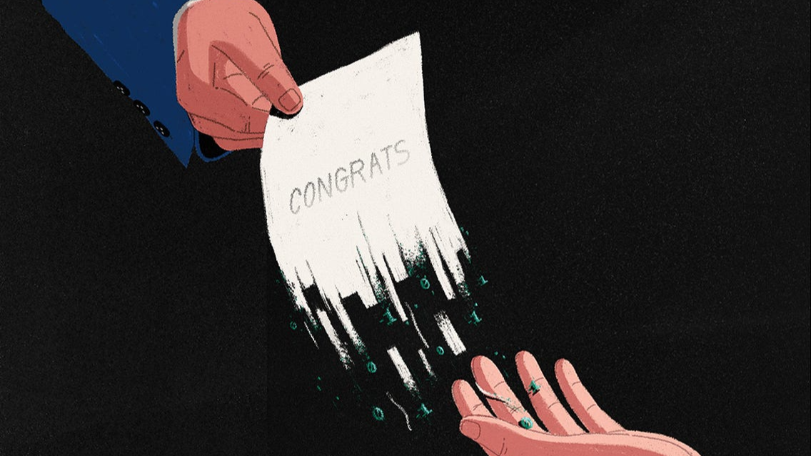 A self-destructing congratulations notice being passed from one hand to another