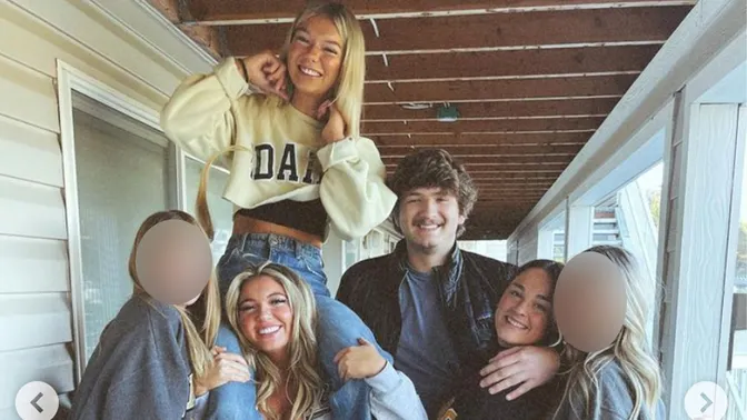 Madison Mogen, top left, smiles on the shoulders of her best friend, Kaylee Goncalves, as they pose with Ethan Chapin, Xana Kernodle, and two other housemates in Goncalves' final Instagram post, shared the day before the four students were stabbed to death.