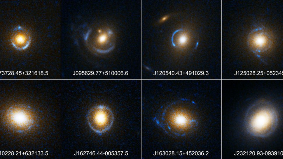A selection of Einstein rings that were photographed by the Hubble space telescope.