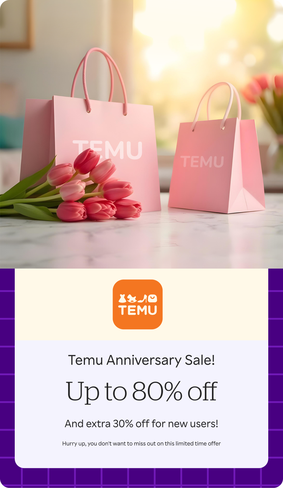 TEMU - Temu Anniversary Sale! Up to 80% off and extra 30% off for new users! Hurry up, you don't want to miss out on this limited time offer + 6% Triple Cash Back