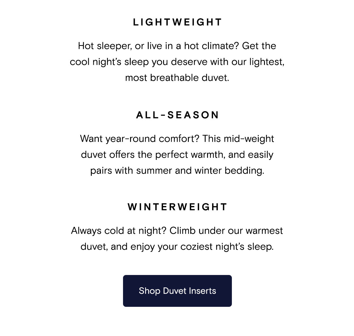 Lightweight | All-Season | Winterweight | Shop Duvet Inserts