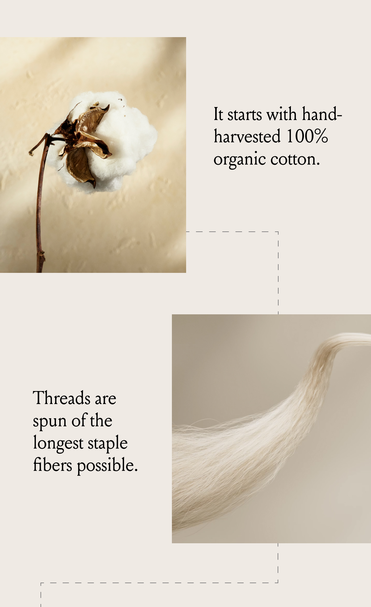 It starts with hand-harvested 100% organic cotton. Spun with threads made of the longest, rarest staple fibers.