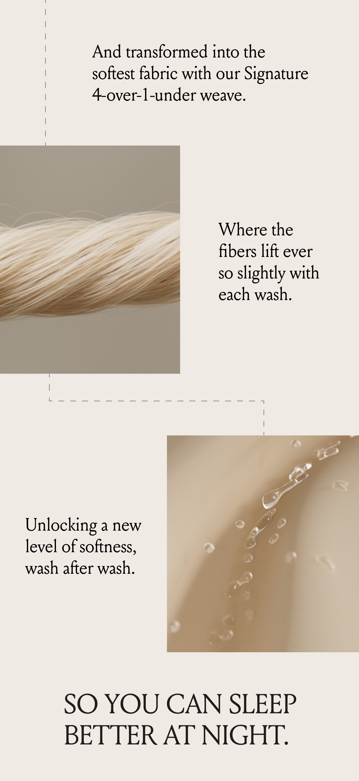 And transformed into the softest fabric with our Signature 4-over-1-under weave. Where the fibers lift ever so slightly with each wash. Unlocking a new level of softness, wash after wash. So you can sleep better at night. 