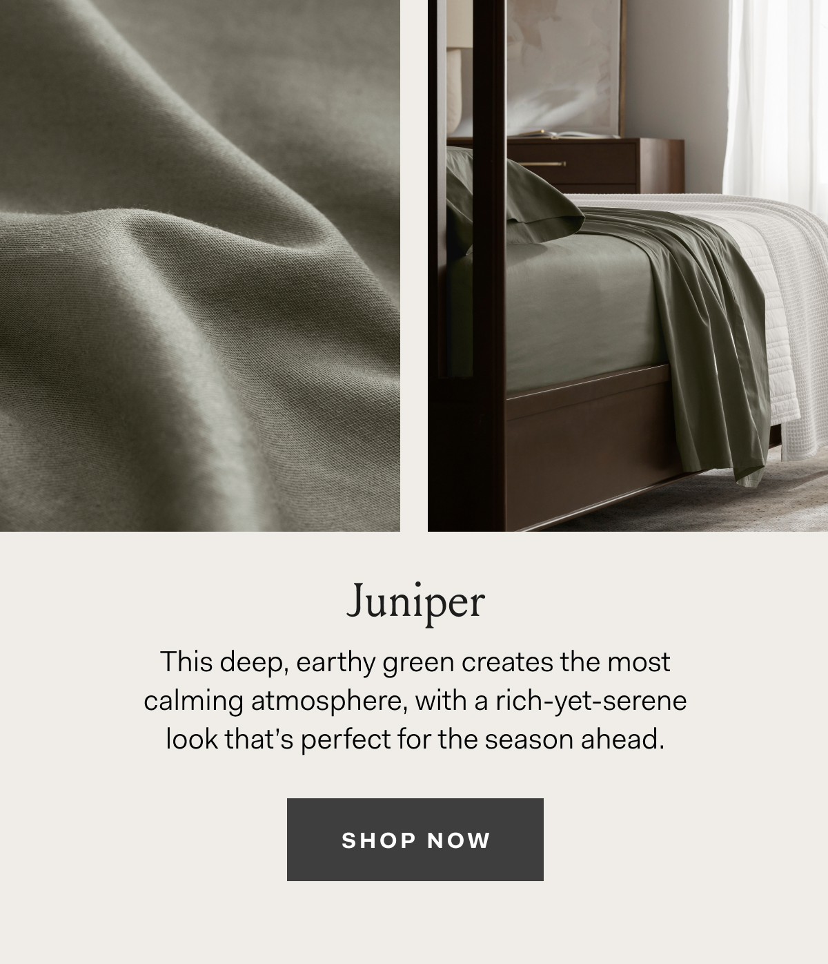 Juniper This deep, earthy green creates the most calming atmosphere, with a rich-yet-serene look that’s perfect for the season ahead. SHOP NOW