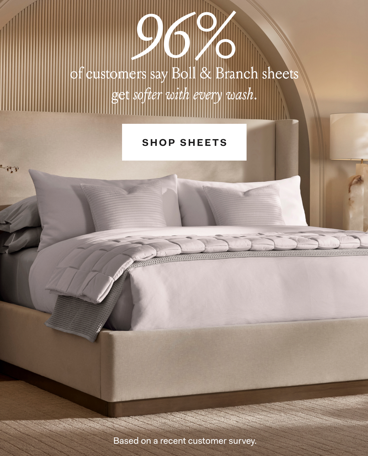 96% of customers say Boll & Branch sheets get softer with every wash. SHOP SHEETS
