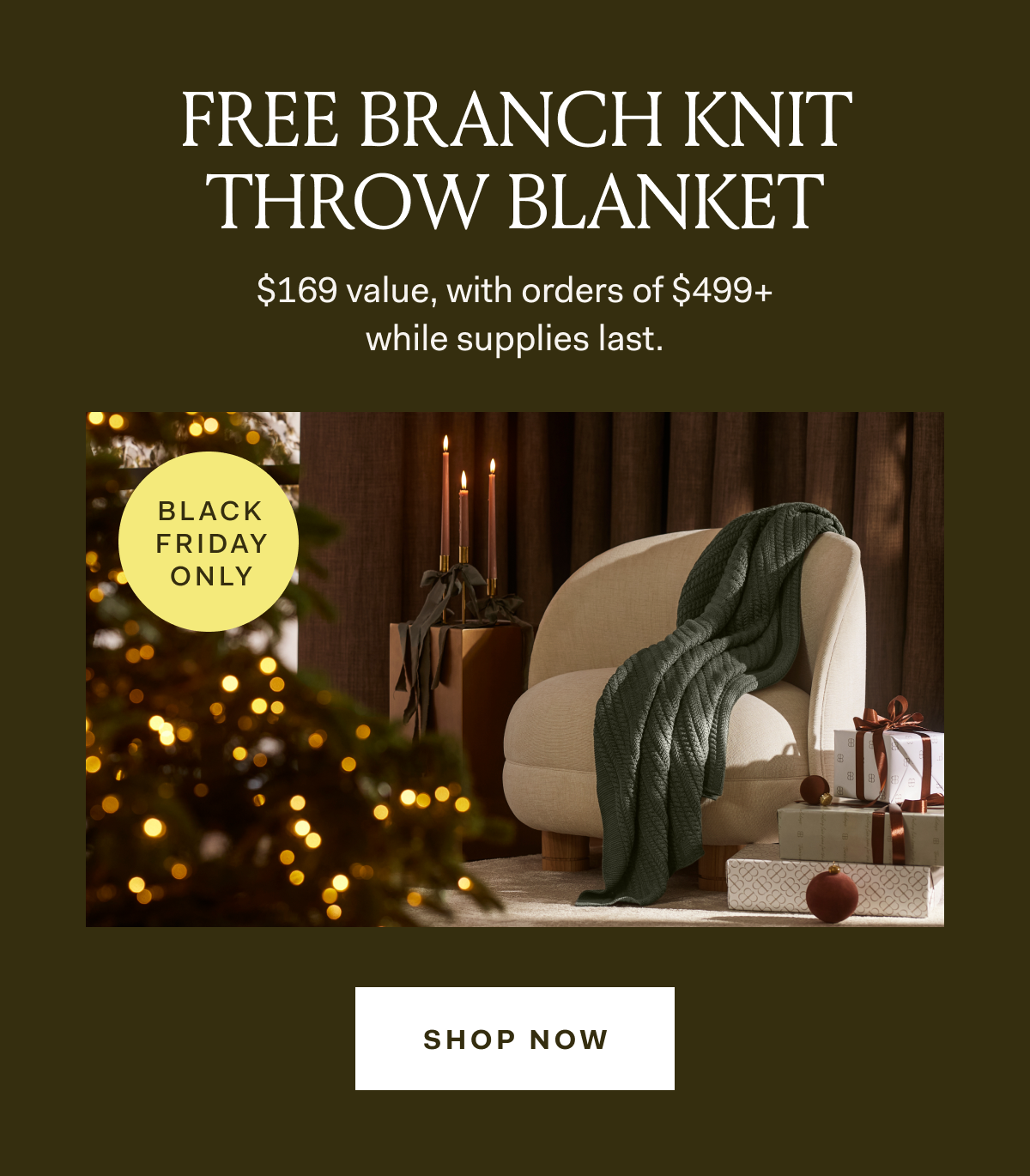 FREE BRANCH KNIW THROW BLANKET A $169 value, with orders of $499+ while supplies last. SHOP BLACK FRIDAY ONLY SHOP NOW
