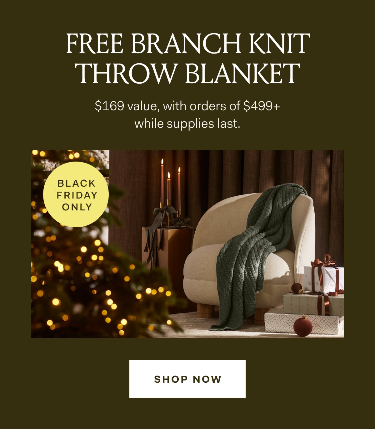 FREE BRANCH KNIT THROW BLANKET $169 value, with orders of $499+ BLACK FRIDAY ONLY SHOP NOW