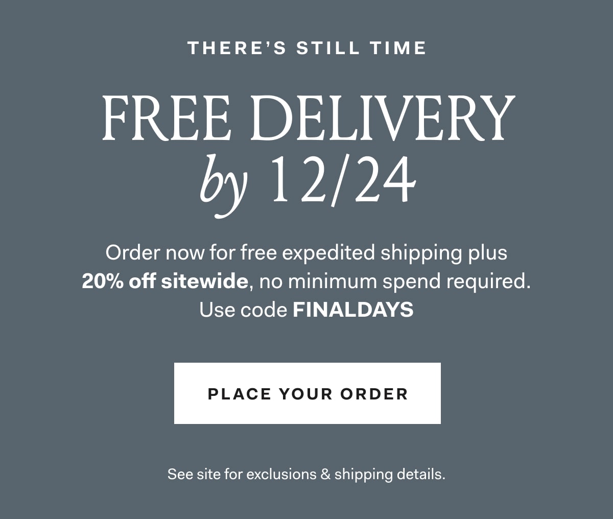 THERE'S STILL TIME Order now for free expedited shipping plus 20% off sitewide, no minimum spend required. Use code FINALDAYS See site for exclusions & shipping details.