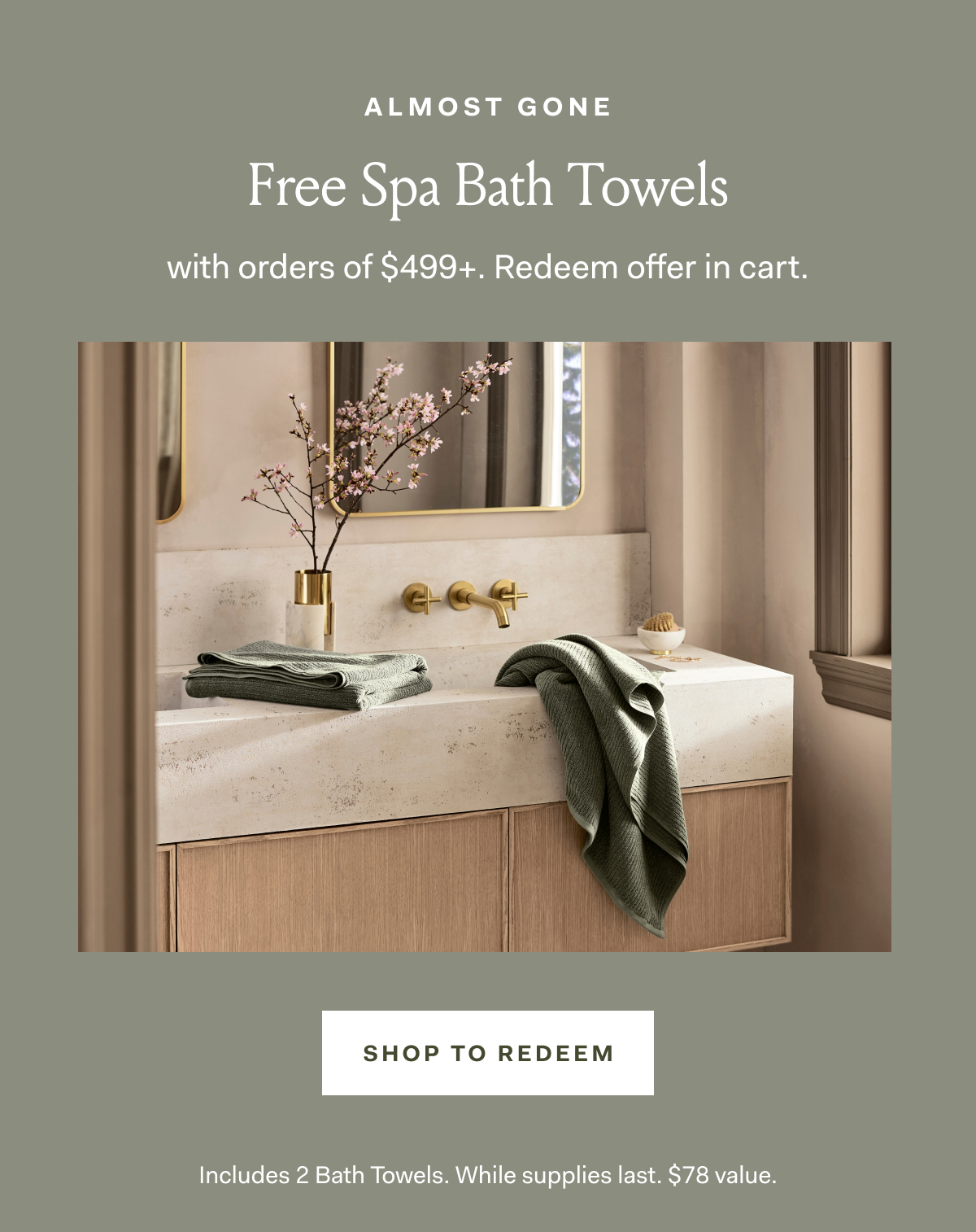 ALMOST GONE Free Spa Bath Towels with orders of $499+. Redeem offer in cart. shop to redeem Includes 2 Bath Towels. While supplies last. $79 value.