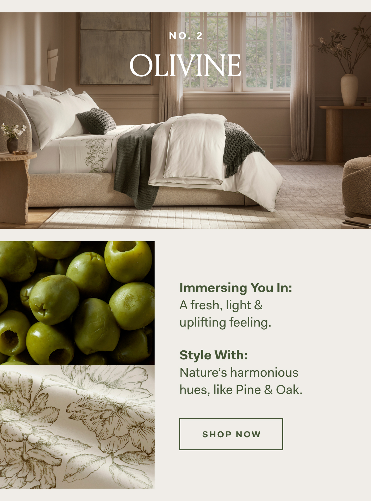 NO. 2 OLIVINE Immersing You In: A fresh, light & uplifting feeling. How To Style: Nature's harmonious hues, like Pine & Oak. SHOP NOW NO. 2 OLIVINE Immersing You In: A fresh, light & uplifting feeling. How To Style: Nature's harmonious hues, like Pine & Oak. SHOP NOW