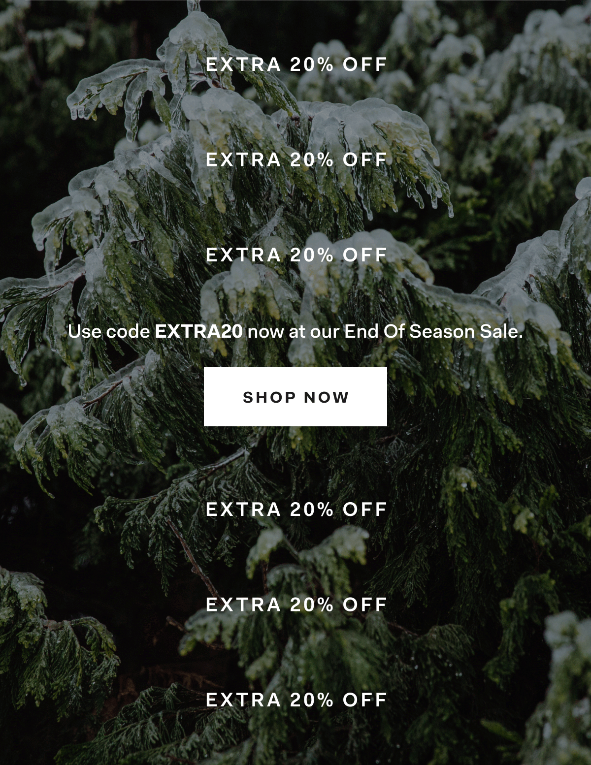 EXTRA 20% OFF LAST CHANCE TO SHOP Use code EXTRA20 now at our End Of Season Sale. SHOP NOW
