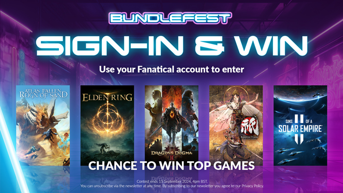 Bundlefest Sign in  Win Use your Fanatical account to enter for the chance to win top games Atlas Fallen Reign of Sand Elden Ring Dragons Dogma II Kunistu-Gami Path of the Goddes Sins of a Solar Empire II Contest ends 15 September 2023 4pm BST You can unsubscribe via the newsletter at any time By subscribing to our newsletter you agree to our Privacy Policy