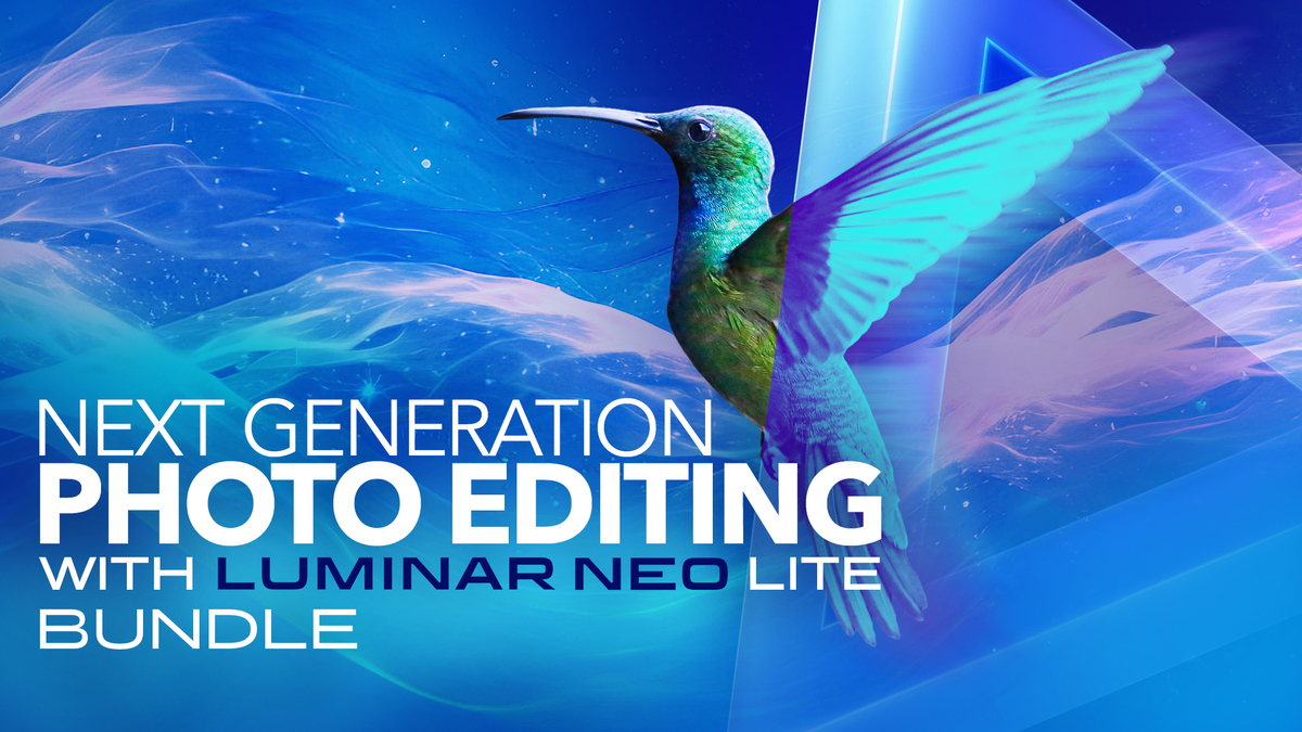 ''Next generation photo editing with lumicar neo lite bundle'' is written in the bottom left of the image. An image of a hummingbird is slightly behind the text. The background is a blue, pink, and purple sky theme.
