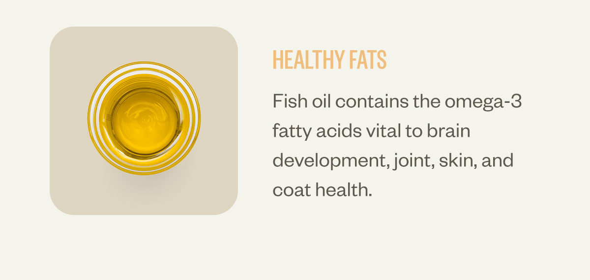 Healthy fats. Fish oil contains the omega-3 fatty acids vital to brain development, joint, skin, and coat health.