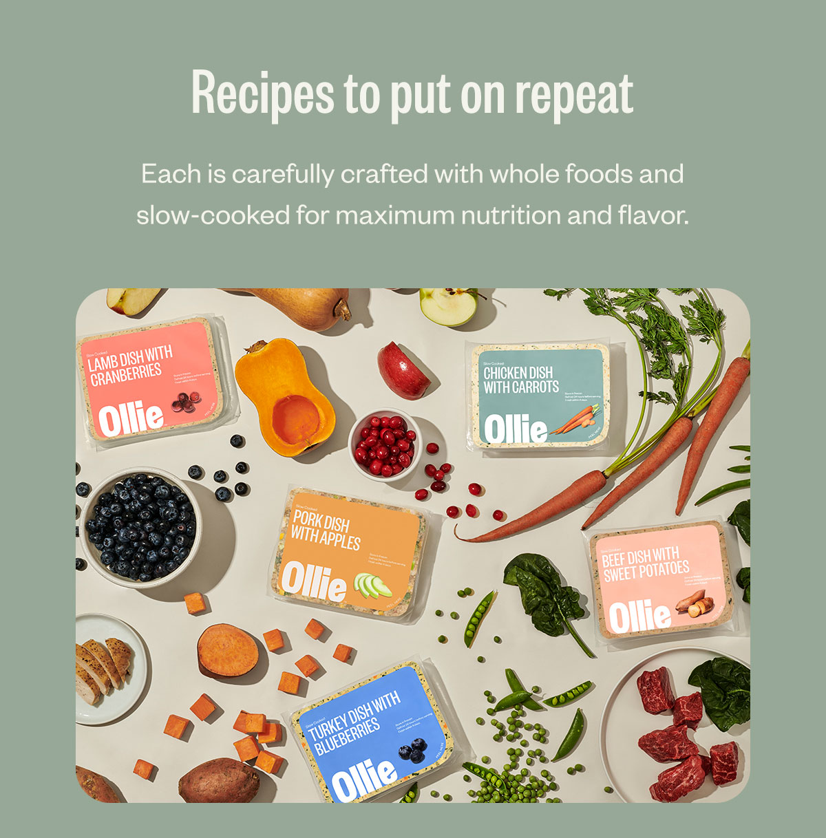 Ollie's fresh ingredients packed into easy-to-use packaging.