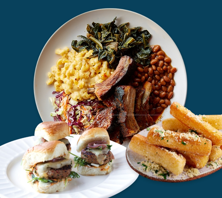  St. Louis Spare Ribs with Mac 'n' Cheese & Braised Greens and Crispy Potatoes & Cabbage Slaw.