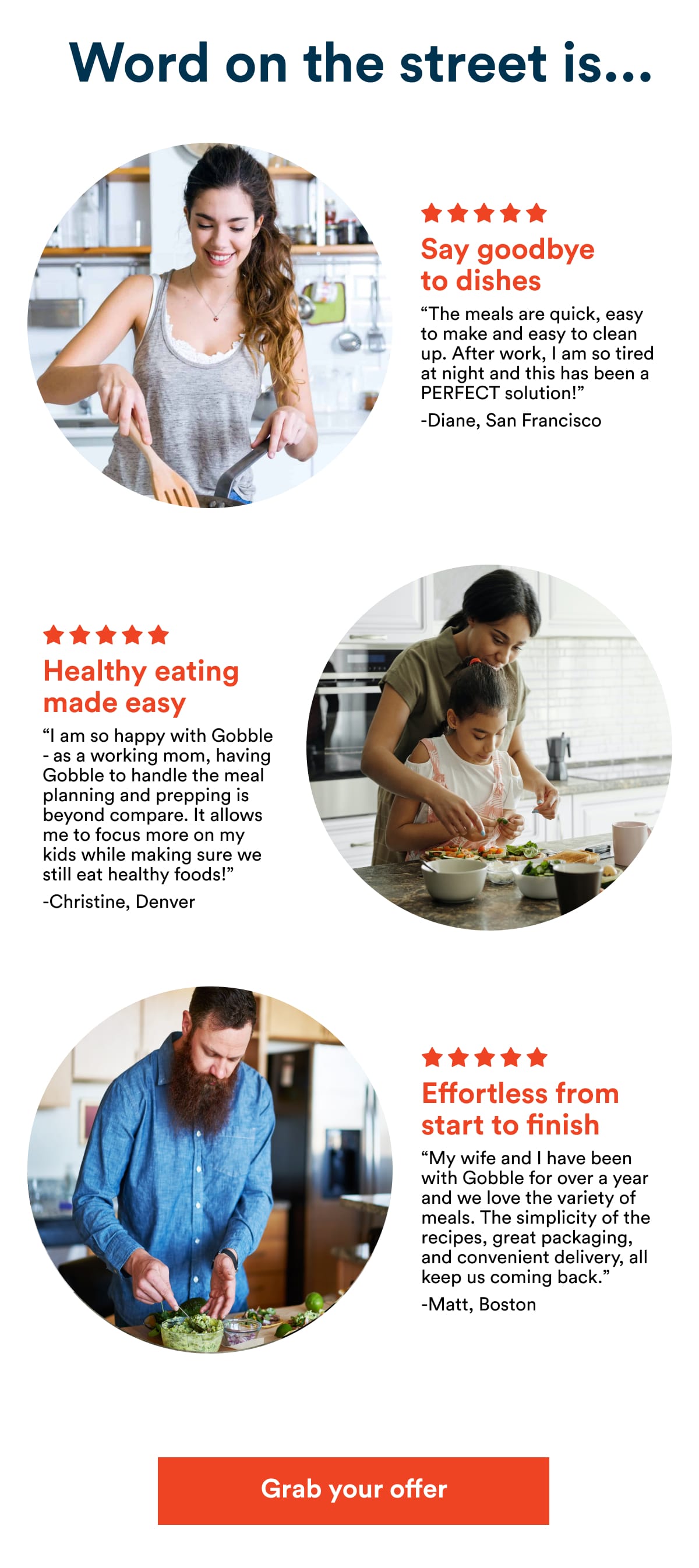 Word on the street is... 5 stars. ''Say goodbye to dishes. The meals are quick, easy to make and easy to clean up. After work I am so tired at night and this has been a perfect solution!'' - Diane from San Fransisco. 5 stars. ''Healthy eating made easy. I am so happy with Gobble - as a working mom, having Gobble to handle the meal planning and prepping is beyond compare. It allows me to focus more on my kids while making sure we still eat healthy foods!'' - Christine from Denver. 5 stars. ''Effortless from start to finish. My wife and I have been with Gobble for over a year and we love the variety of the recipes, great packaging, and convenient delivery, all keep us coming back.'' - Matt from Boston. Grab your offer.