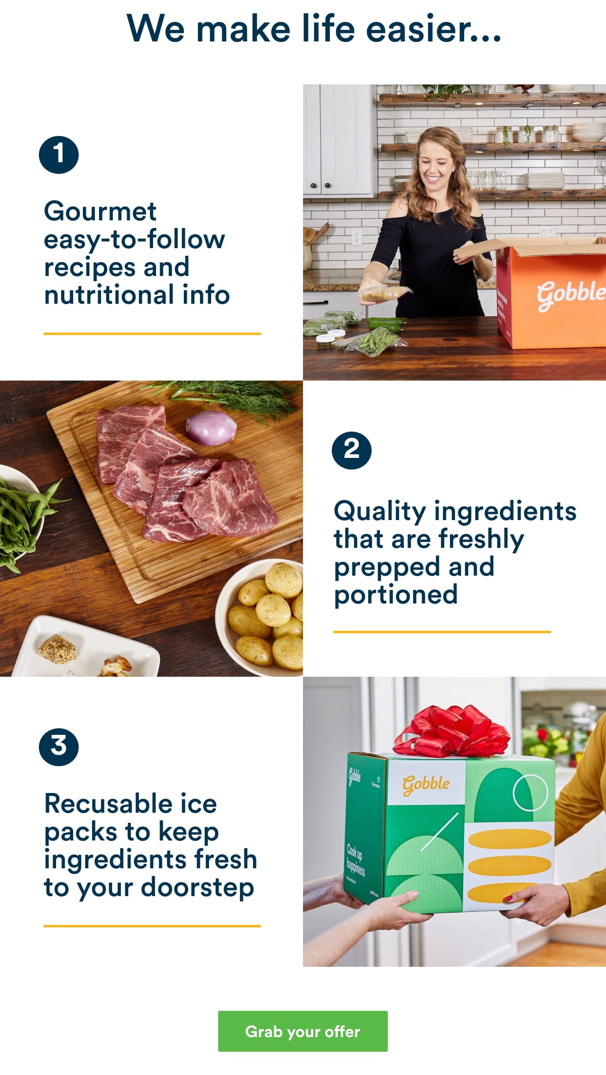 We make life easier... 1. Gourmet easy-to-follow recipes and nutritional info. 2. Quality ingredients that are freshly prepped and portioned. 3. Reusable ice packs keep ingredients fresh to your doorstep. Grab your offer.