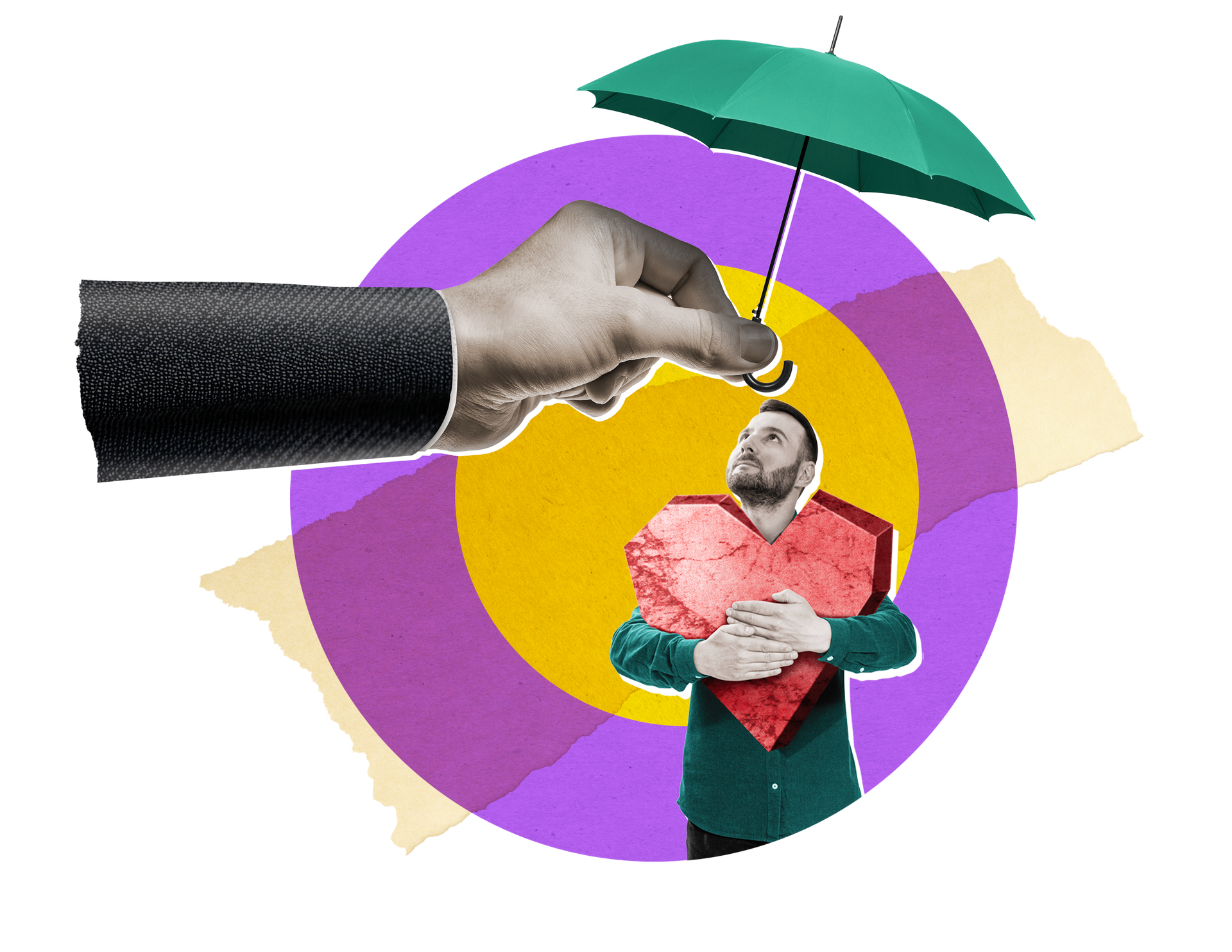 A hand holding an umbrella over a man hugging a heart