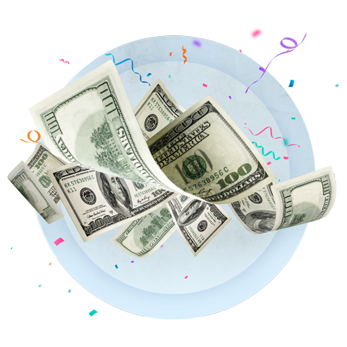 A bunch of $100 bills floating in the air with party poppers around it