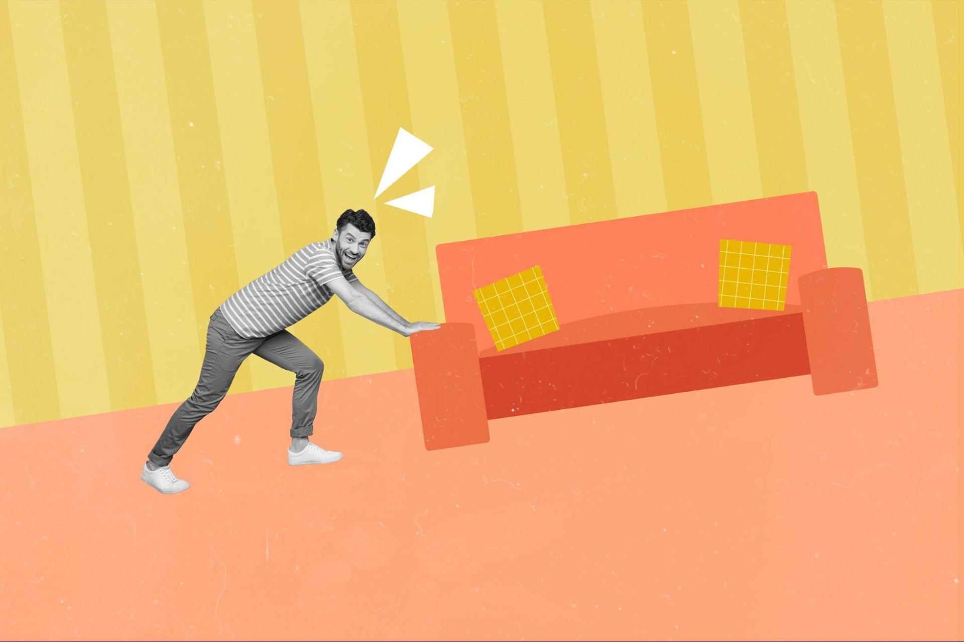 Man moving a couch by himself