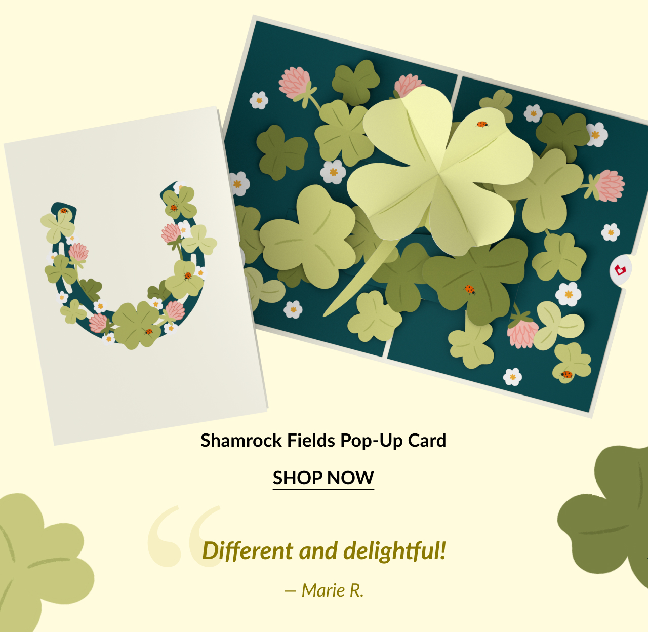 A pop-up card featuring vibrant green shamrocks, pink flowers, and ladybugs, set against a dark blue background. Shop now!