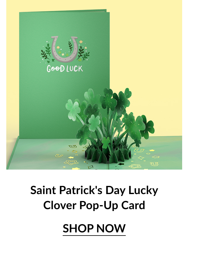 A green pop-up card features a clover design and the text ''Good Luck,'' perfect for Saint Patrick's Day celebrations. Shop now.