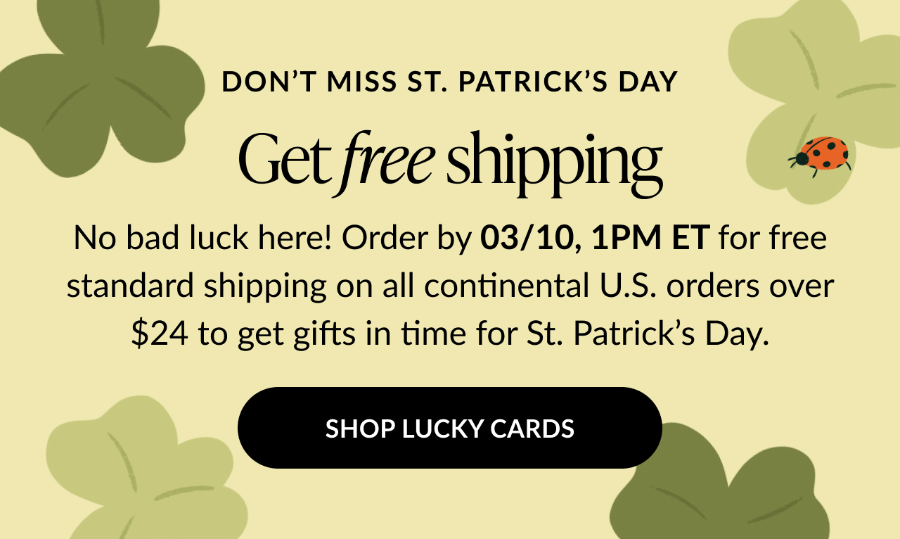 Banner for St. Patrick's Day pop-up cards, offering free shipping on U.S. orders over $24 before a specified deadline.