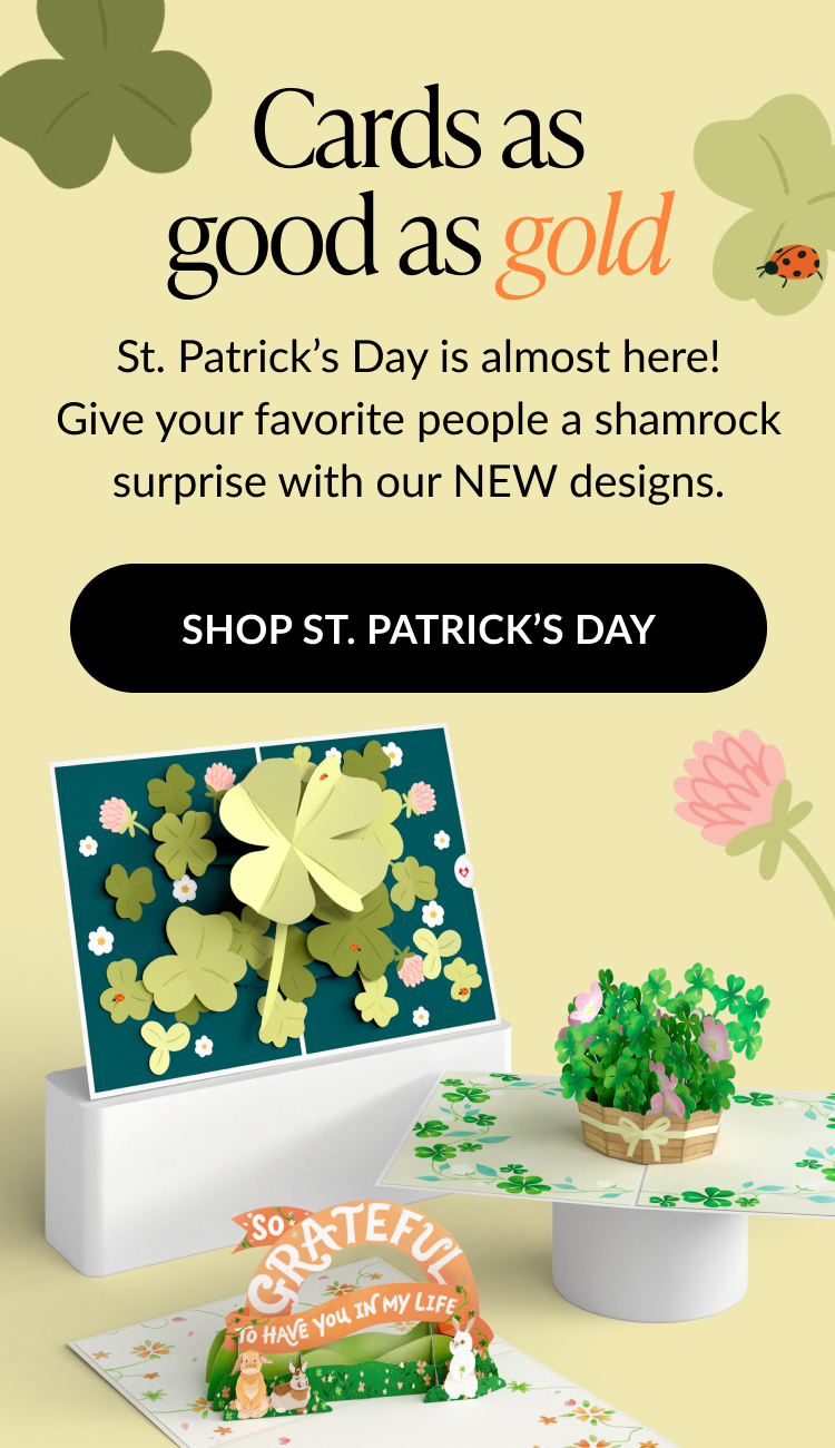 Colorful pop-up cards featuring shamrocks and floral designs for St. Patrick's Day, showcasing a heartfelt celebration. ''Shop St. Patrick's Day''