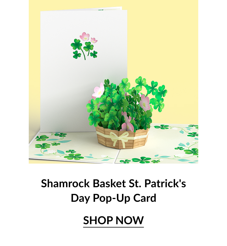 A pop-up card featuring a basket of colorful shamrocks and flowers, perfect for St. Patrick's Day celebrations. Shop now.