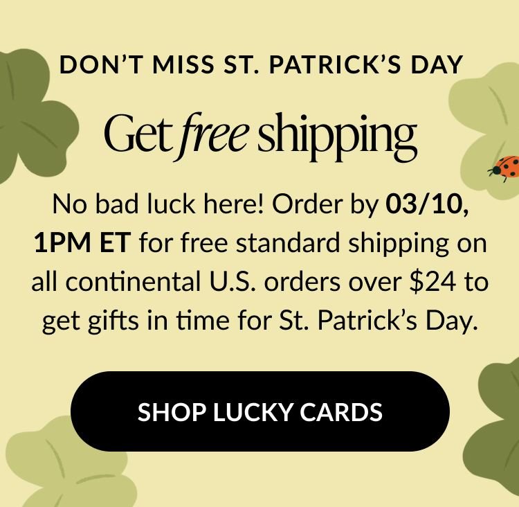 Banner for St. Patrick's Day pop-up cards, offering free shipping on U.S. orders over $24 before a specified deadline.